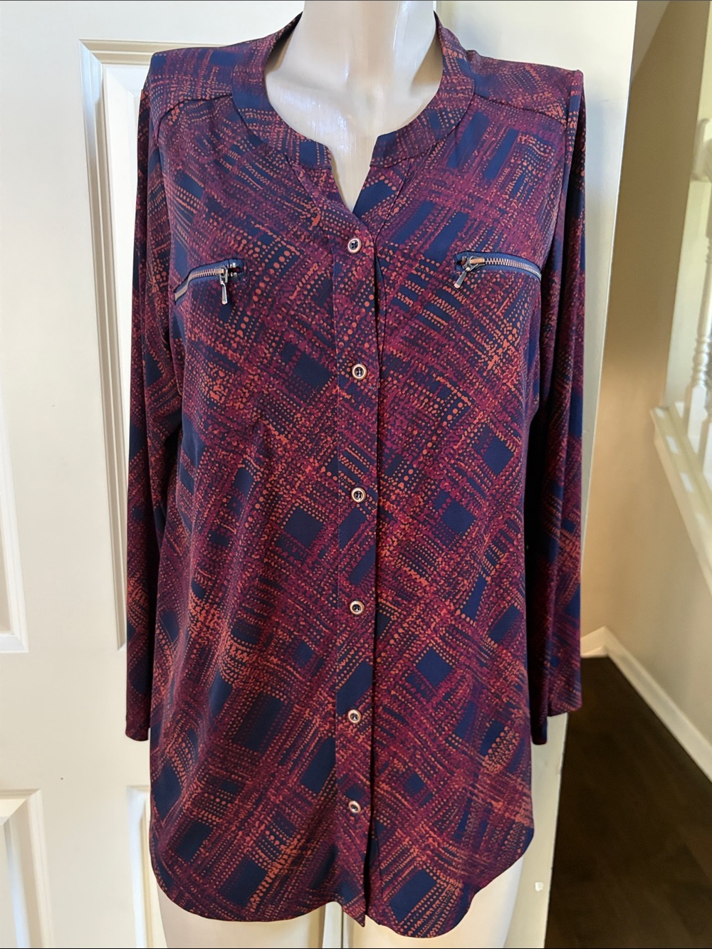 Susan Graver Burgundy and Navy Button-Front Geometric Blouse, lg